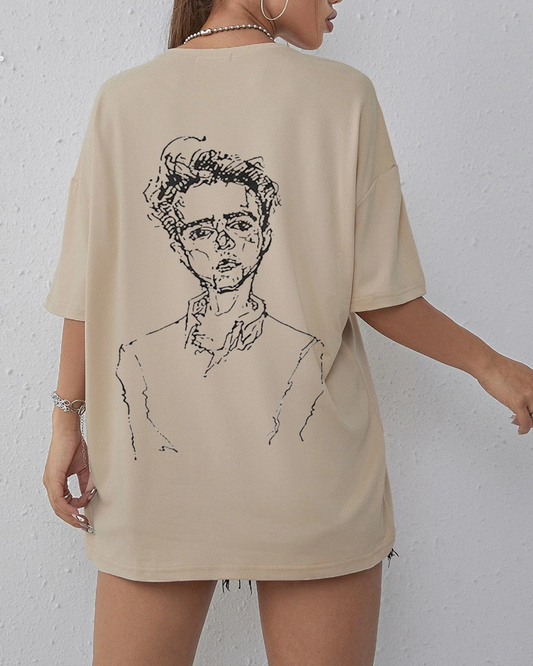 Beige Oversized Tee with a Man's Sketch